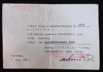 LEGITYMACJA ODZNAKI CZESKIEJ DLA KAPITANA LWP