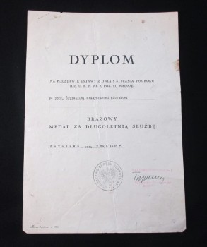 DYPLOM DLA PPŁK. WP MEDAL ZA DŁUGOLETNIĄ SŁUŻBĘ 
