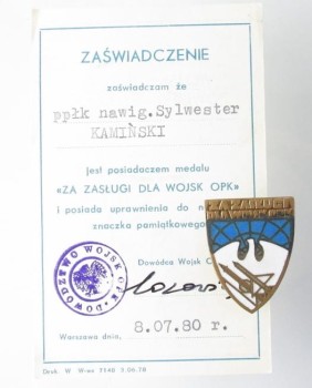 ODZNAKA Z LEGITYMACJĄ ZASŁUGI DLA WOJSK OPK