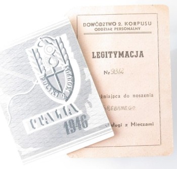 ZESTAW DOKUMENTÓW II KORPUS, ODZNAKA, KRZYŻ Z MIECZAMI 