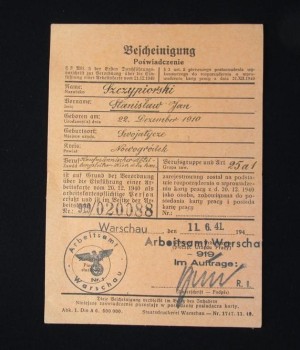 WARSCHAU 1941 - POŚWIADCZENIE KARTY PRACY