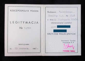 LEGITYMACJA KRZYŻ WALECZNYCH 1952