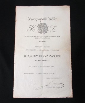DYPLOM BRĄZOWY KRZYŻ ZASŁUGI 