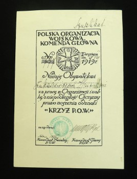PODPIS ŚMIGŁY-RYDZ DYPLOM NADANIE KRZYŻA POLSKIEJ ORGANIZACJI WOJSKOWEJ
