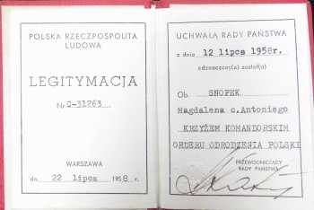 1958 KOMANDORIA - LEGITYMACJA ORDEROWA 