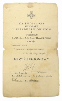 PODPIS J. PIŁSUDSKI - DYPLOM NADANIA KRZYŻA LEGIONOWEGO