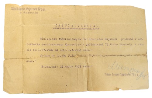 ZAŚWIADCZENIE SPÓŁDZIELNI 72 PUŁKU PIECHOTY