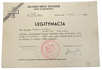 ZAOLZAŃSKI KORPUS OCHOTNIKÓW 1938 - LEGITYMACJA 