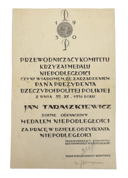Dyplom nadania Medalu Niepodległości 1931 r 