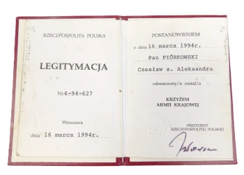 LEGITYMACJA KRZYŻA ARMII KRAJOWEJ 